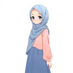 Anime style illustration of a girl wearing a soft blue hijab with yellow star patterns, a soft pink blouse, and a soft blue long skirt