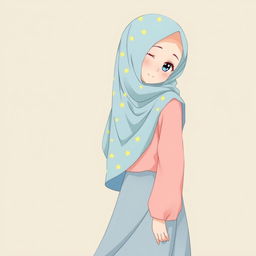 Anime style illustration of a girl wearing a soft blue hijab with yellow star patterns, a soft pink blouse, and a soft blue long skirt