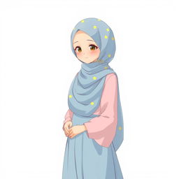 Anime style illustration of a girl wearing a soft blue hijab with yellow star patterns, a soft pink blouse, and a soft blue long skirt