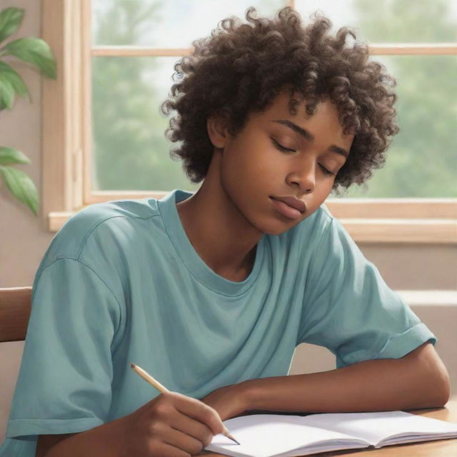 Anime-style drawing of a sleepy African American teenage boy with curly hair, situated in a serene, soothing setting.