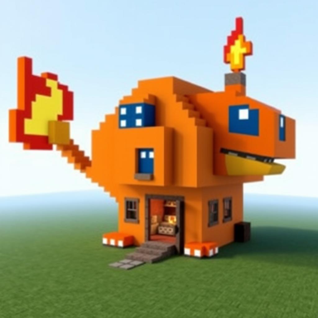 A house in Minecraft designed to resemble the head of the Pokémon Charmander