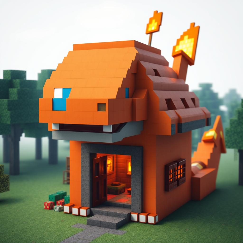 A house in Minecraft designed to resemble the head of the Pokémon Charmander