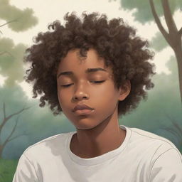 Anime-style drawing of a sleepy African American teenage boy with curly hair, situated in a serene, soothing setting.