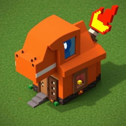 A house in Minecraft designed to resemble the head of the Pokémon Charmander