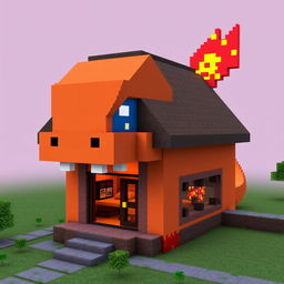 A house in Minecraft designed to resemble the head of the Pokémon Charmander