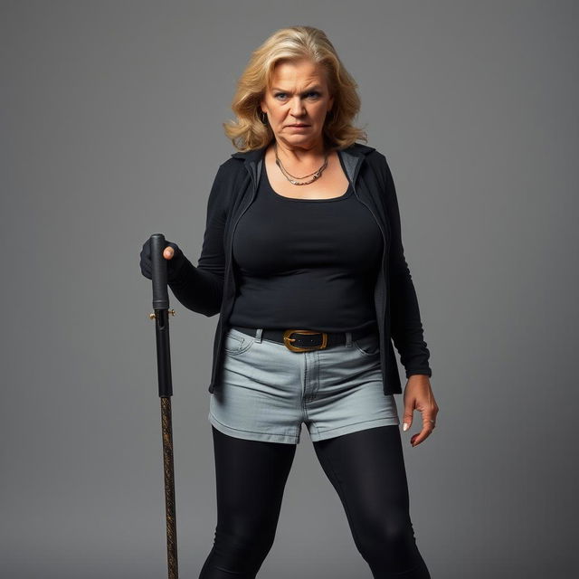 An angry and dominant white mom in her 50s standing with a mean expression, featuring large breasts