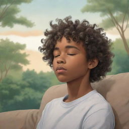 Anime-style drawing of a sleepy African American teenage boy with curly hair, situated in a serene, soothing setting.