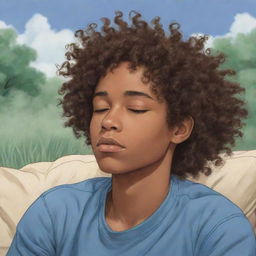 Anime-style drawing of a sleepy African American teenage boy with curly hair, situated in a serene, soothing setting.