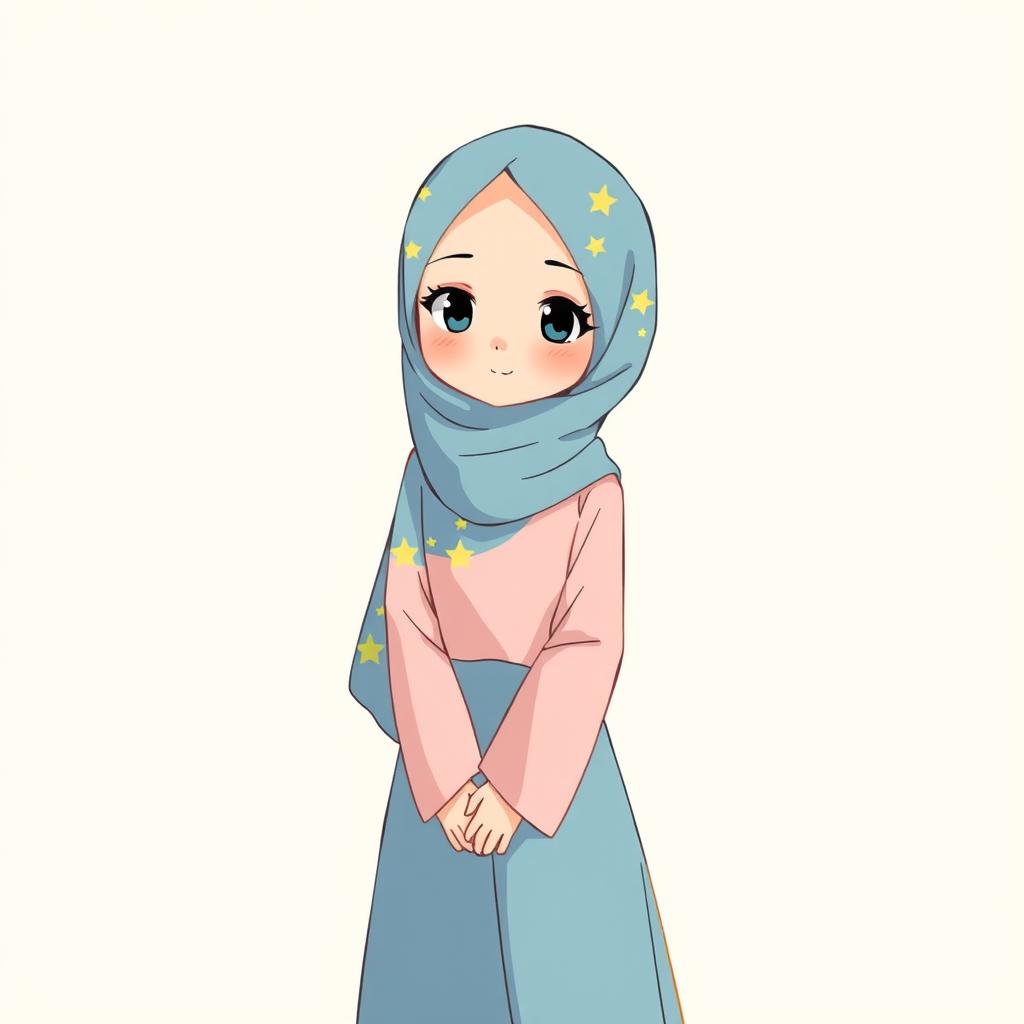 Anime style illustration of a girl wearing a soft blue hijab with yellow star patterns, a soft pink blouse, and a soft blue long skirt