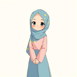 Anime style illustration of a girl wearing a soft blue hijab with yellow star patterns, a soft pink blouse, and a soft blue long skirt