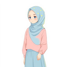 Anime style illustration of a girl wearing a soft blue hijab with yellow star patterns, a soft pink blouse, and a soft blue long skirt