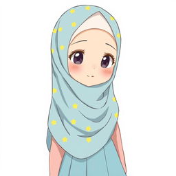 Anime style illustration of a girl wearing a soft blue hijab with yellow star patterns, a soft pink blouse, and a soft blue long skirt