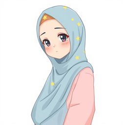 Anime style illustration of a girl wearing a soft blue hijab with yellow star patterns, a soft pink blouse, and a soft blue long skirt