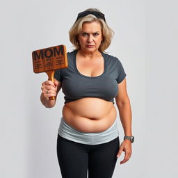 An angry and dominant white mom aged 45 standing with a mean expression, featuring large breasts