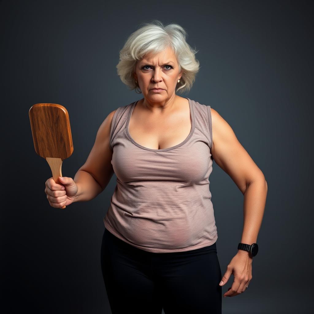 An angry and dominant white mom aged 45 standing with a mean expression, featuring large breasts