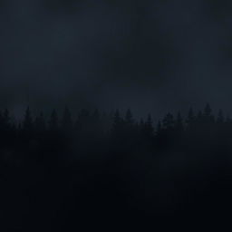 Create an image featuring a black, misty background with the silhouette of a dense pine forest