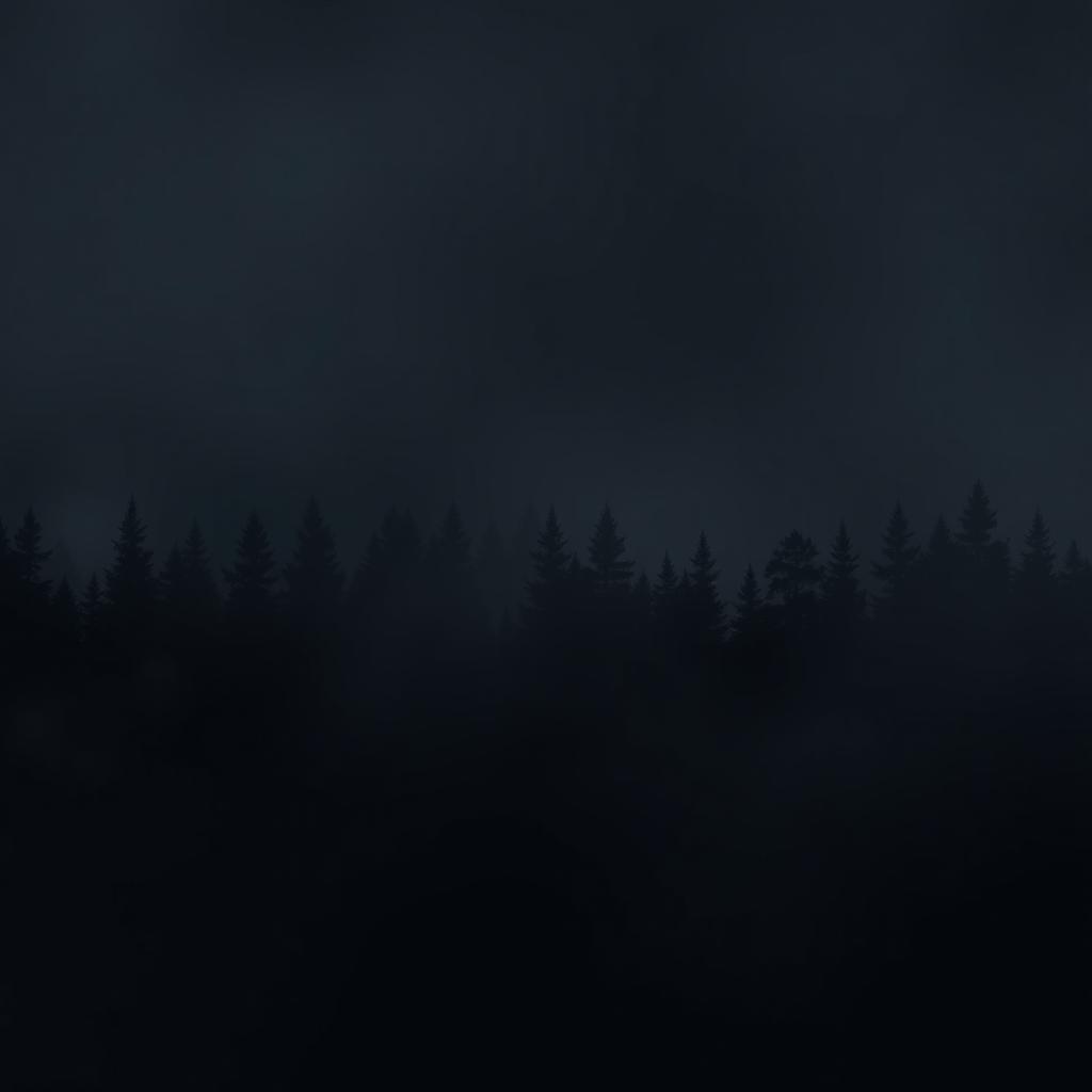 Create an image featuring a black, misty background with the silhouette of a dense pine forest