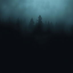 Create an image featuring a black, misty background with the silhouette of a dense pine forest