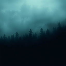 Create an image featuring a black, misty background with the silhouette of a dense pine forest