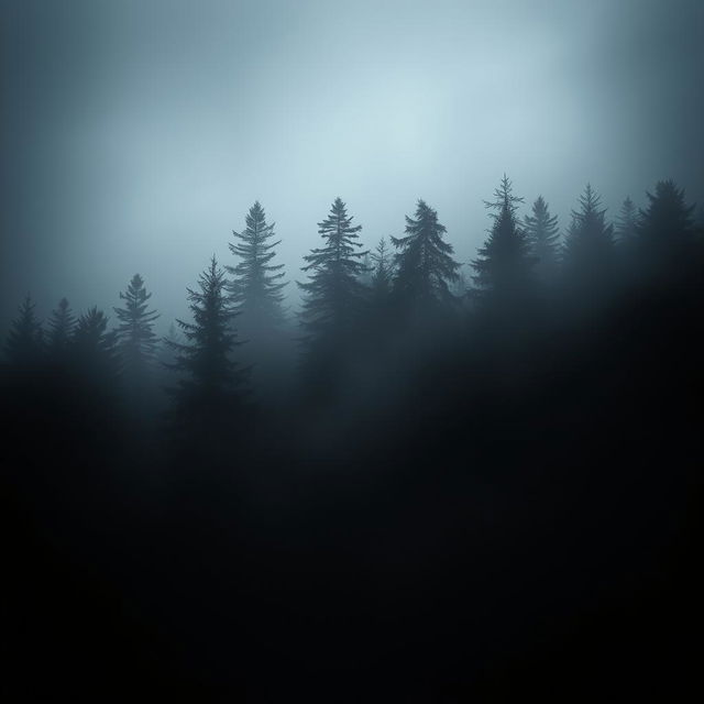 Create an image featuring a black, misty background with the silhouette of a dense pine forest