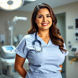 A voluptuous nurse with a generous bust, wearing a fitting, professional nurse's uniform