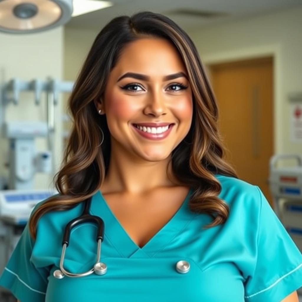 A voluptuous nurse with a generous bust, wearing a fitting, professional nurse's uniform