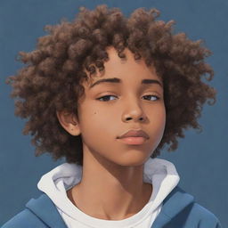 A profile picture in anime style, featuring a sleepy African-American teenage boy with curly hair.