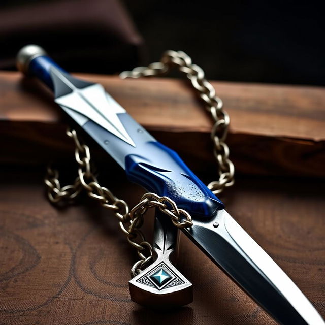 Create an image featuring a beautifully crafted dagger with a blue grip