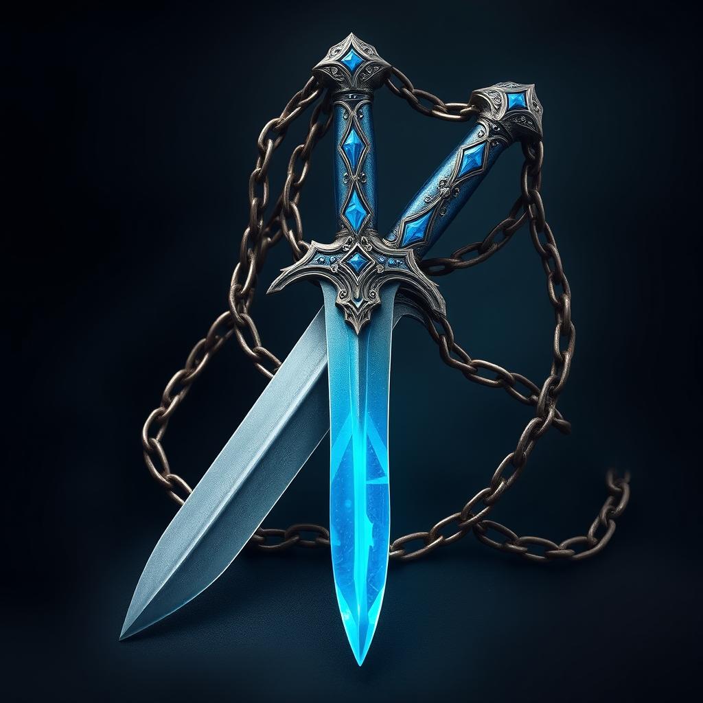 Create an image featuring a beautifully crafted dagger with a blue grip, enveloped by an intricately designed chain in a fantasy style