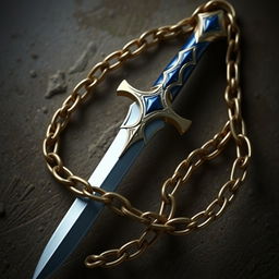 Create an image featuring a beautifully crafted dagger with a blue grip, enveloped by an intricately designed chain in a fantasy style