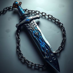 Create an image featuring a beautifully crafted dagger with a blue grip, enveloped by an intricately designed chain in a fantasy style