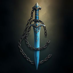 Create an image featuring a beautifully crafted dagger with a blue grip, enveloped by an intricately designed chain in a fantasy style