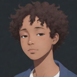 Profile picture in anime style, featuring a sleepy teenage boy with short curly hair and dark skin.