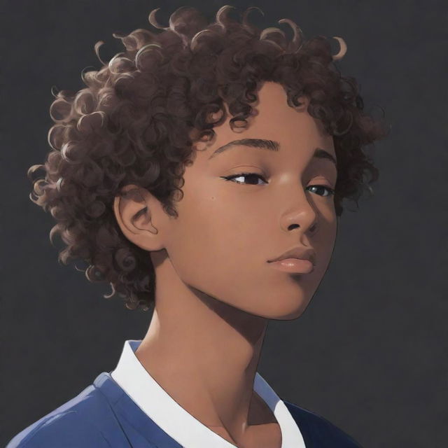 Profile picture in anime style, featuring a sleepy teenage boy with short curly hair and dark skin.