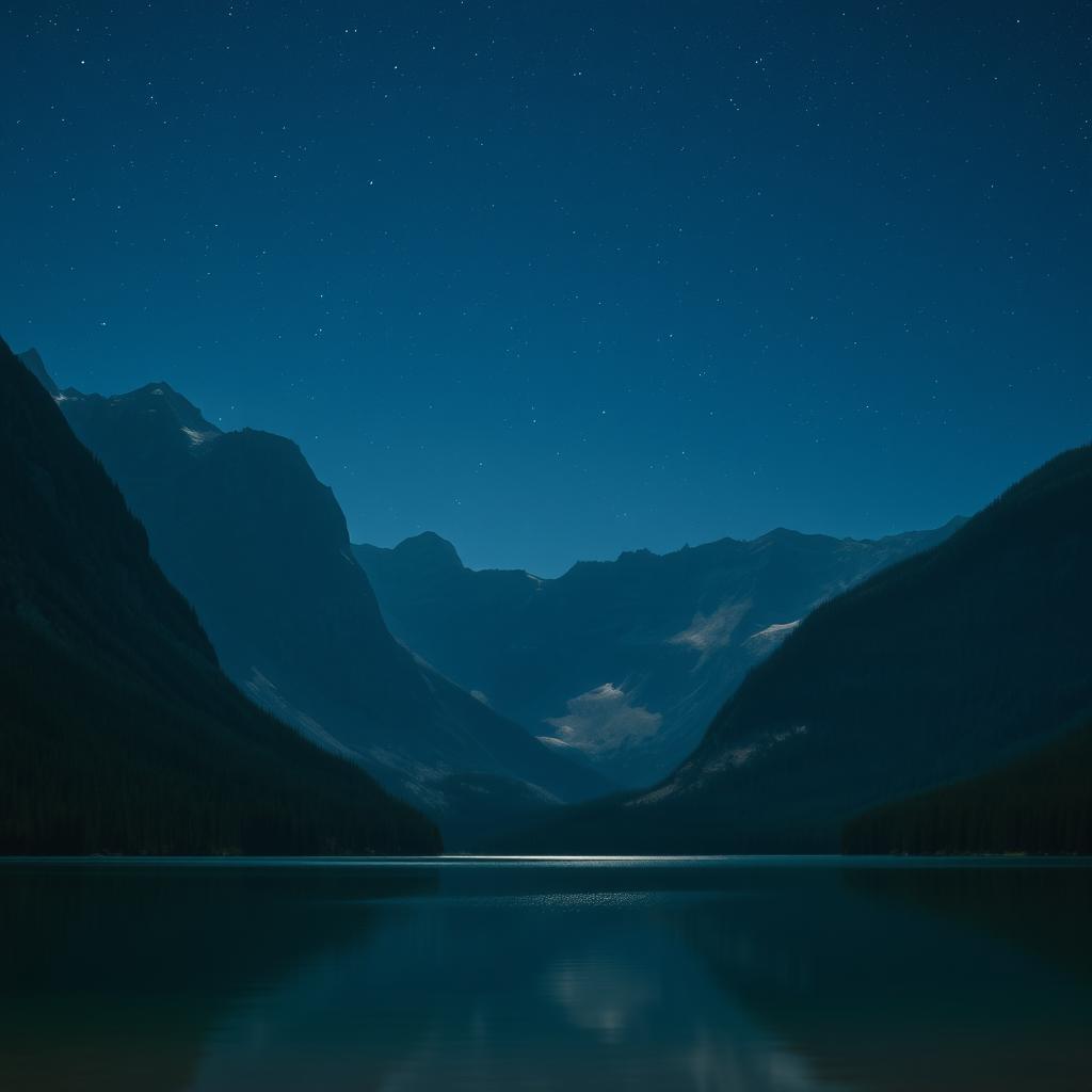 A stunning landscape of a serene lake surrounded by tall, majestic mountains under a starry night sky