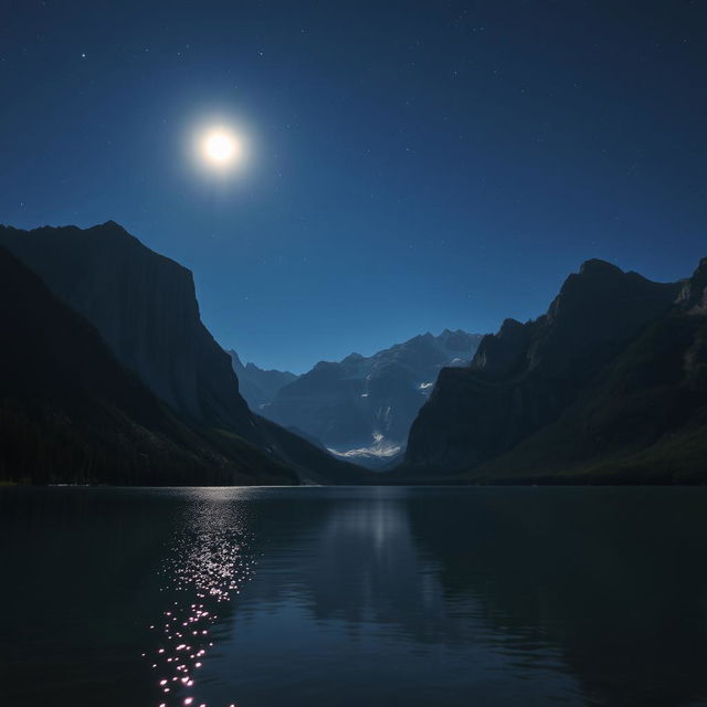 A stunning landscape of a serene lake surrounded by tall, majestic mountains under a starry night sky