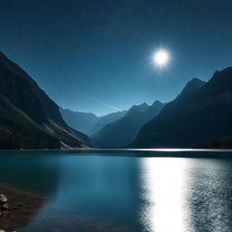 A stunning landscape of a serene lake surrounded by tall, majestic mountains under a starry night sky