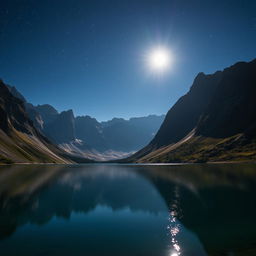 A stunning landscape of a serene lake surrounded by tall, majestic mountains under a starry night sky