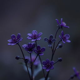 Create an image featuring dark purple, tiny flowers designed in a fantasy style