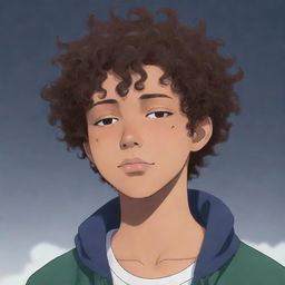 Profile picture in anime style, featuring a sleepy teenage boy with short curly hair and dark skin.