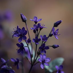 Create an image featuring dark purple, tiny flowers designed in a fantasy style