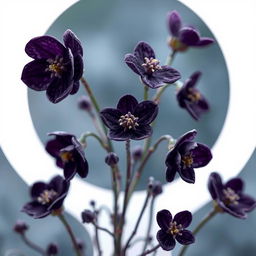 Create an image featuring dark purple, tiny flowers designed in a fantasy style