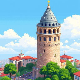 An isometric pixel art depiction of the Galata Tower, focusing on the intricate details of its architecture, including the conical roof, stone facade, and medieval charm