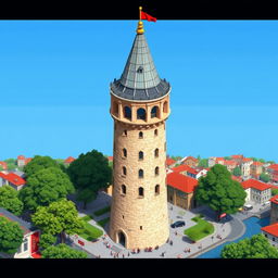 An isometric pixel art depiction of the Galata Tower, focusing on the intricate details of its architecture, including the conical roof, stone facade, and medieval charm