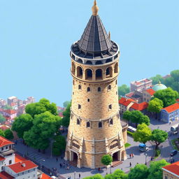 An isometric pixel art depiction of the Galata Tower, focusing on the intricate details of its architecture, including the conical roof, stone facade, and medieval charm