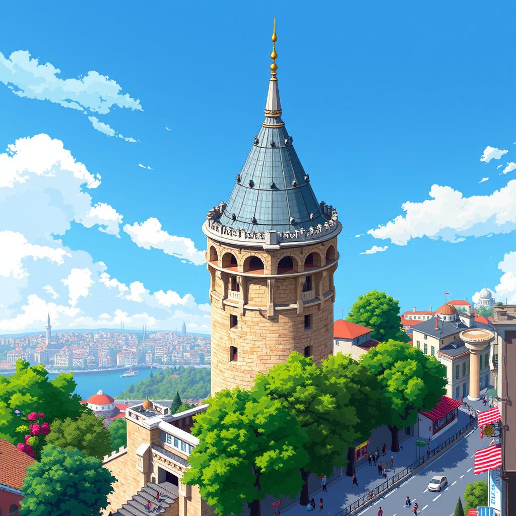 An isometric pixel art depiction of the Galata Tower, focusing on the intricate details of its architecture, including the conical roof, stone facade, and medieval charm