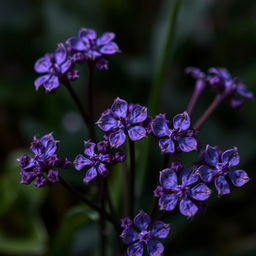 Create an image featuring dark purple, tiny flower heads designed in a fantasy style