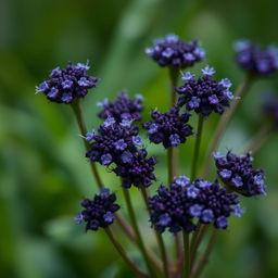 Create an image featuring dark purple, tiny flower heads designed in a fantasy style