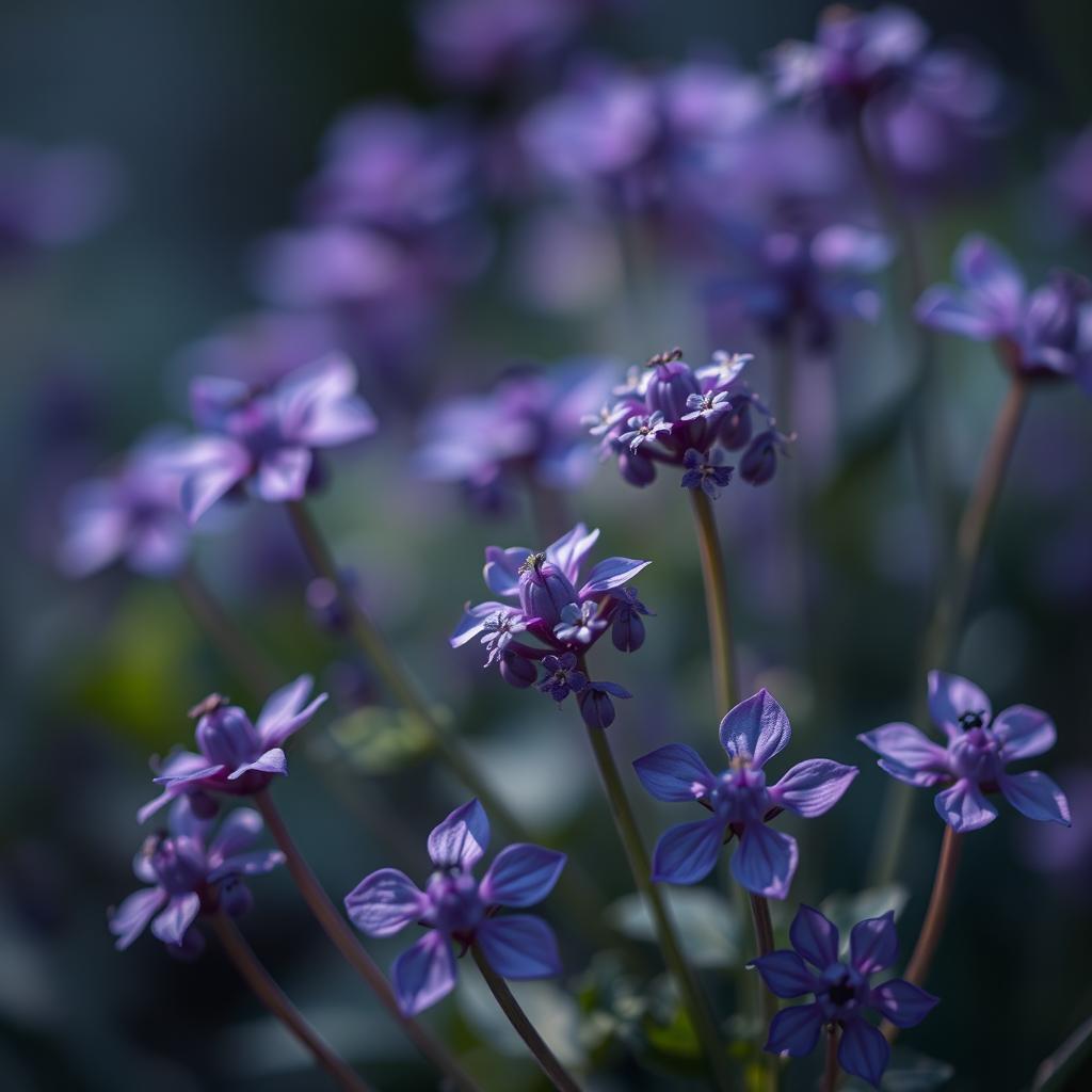 Create an image featuring dark purple, tiny flower heads designed in a fantasy style