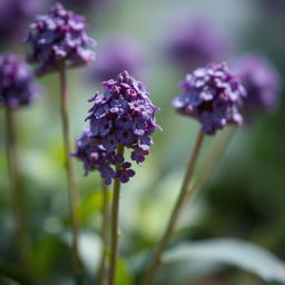 Create an image featuring dark purple, tiny flower heads designed in a fantasy style